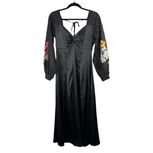 Topshop Black Satin Lace Floral Embroidered Sweetheart Cocktail Midi Dress 6 NWT